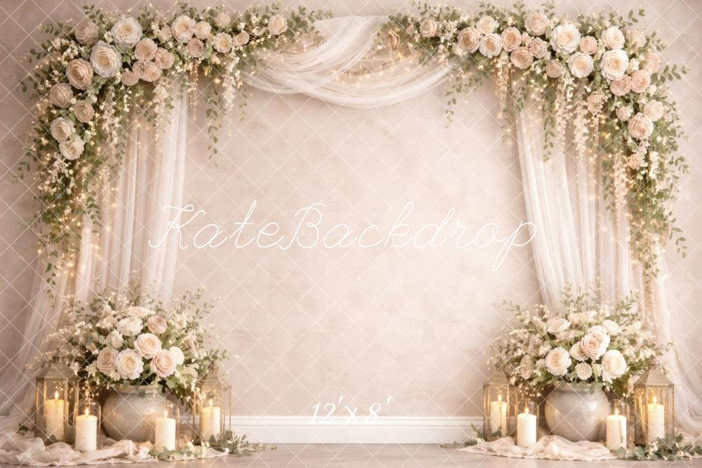 Kate Spring Flower Arch Cream Roses Lanterns Drapery Printed Backdrop Designed by Vertigo Productions