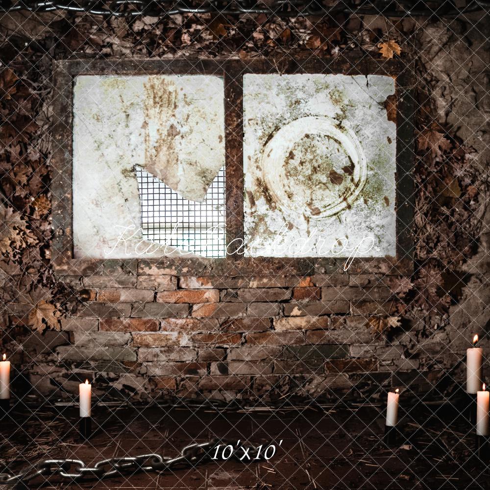 Kate Halloween Spooky Brick Wall Chains Candles Window Printed Backdrop Designed by Fantasyphotoart