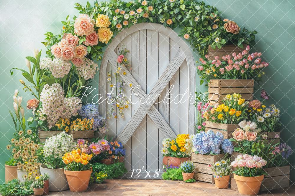Kate Spring Flower Arch White Door Wooden Crates Pastel Green Backdrop Designed by Emetselch