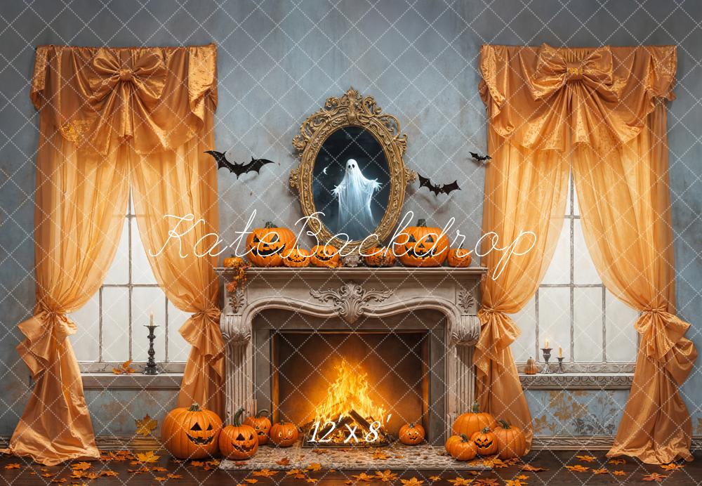 Kate Halloween Pumpkin Fireplace Bow Curtains Ghost Mirror Backdrop Designed by Emetselch