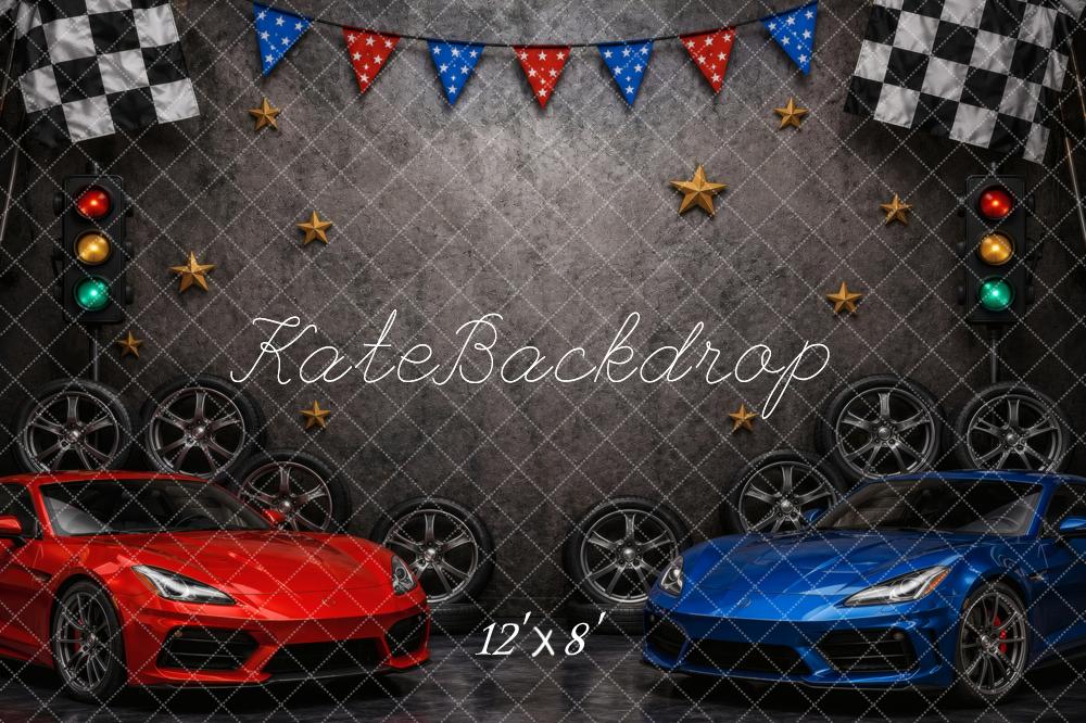Kate Race Car Checkered Flags Wheels Traffic Lights Stars Printed Backdrop Designed by Vertigo Productions