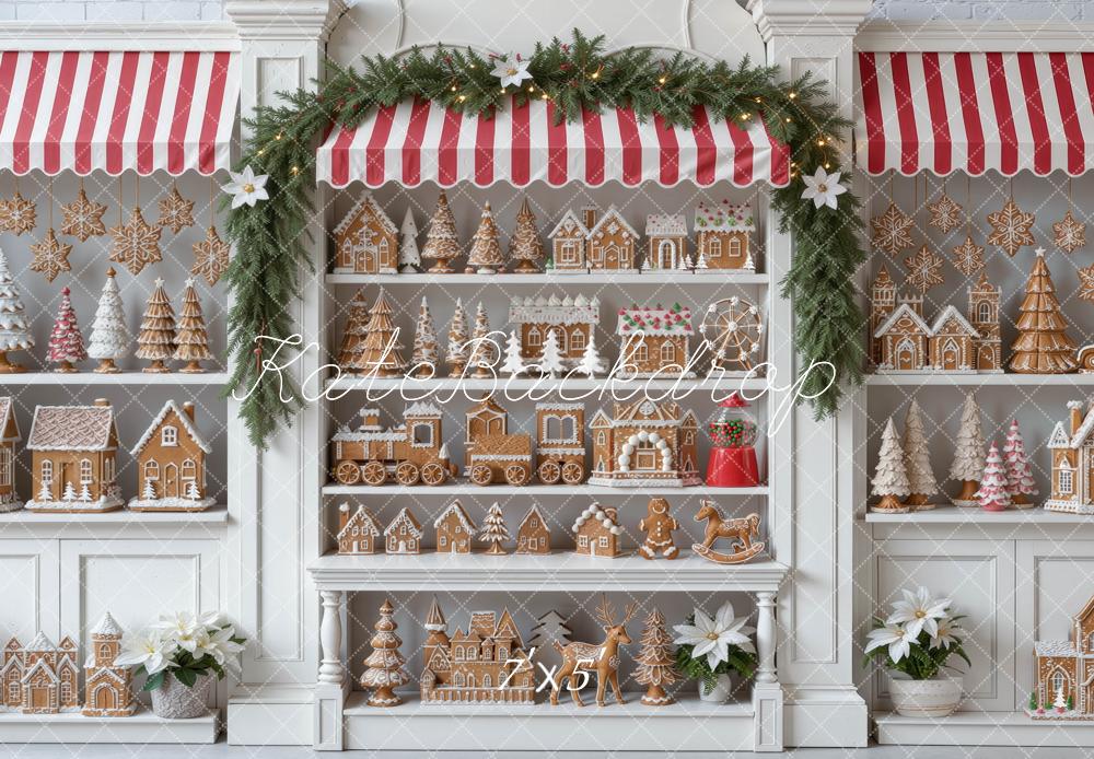 Kate Christmas Gingerbread Baking Storefront Cabinet Red Striped Awning Printed Backdrop Designed by Mini MakeBelieve