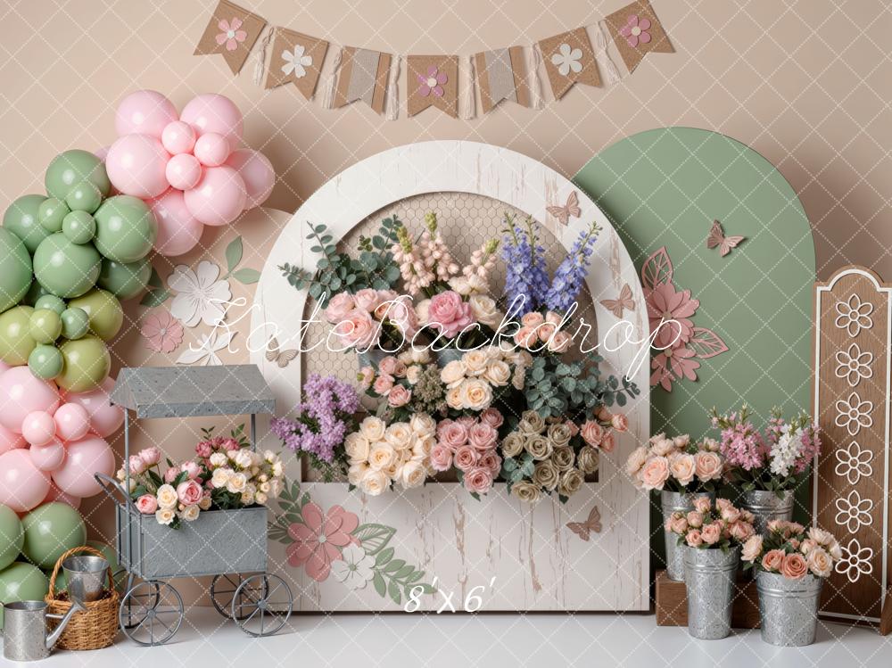 Kate Cake Smash Flower Arch Pastel Balloons Floral Bunting Printed Backdrop Designed by Mini MakeBelieve