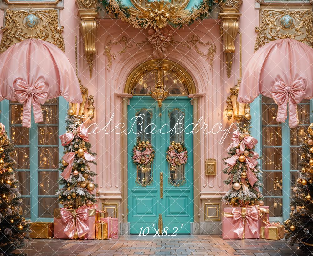 Kate Christmas Retro Arch Door Pink Bow Ornaments Backdrop Designed by Emetselch