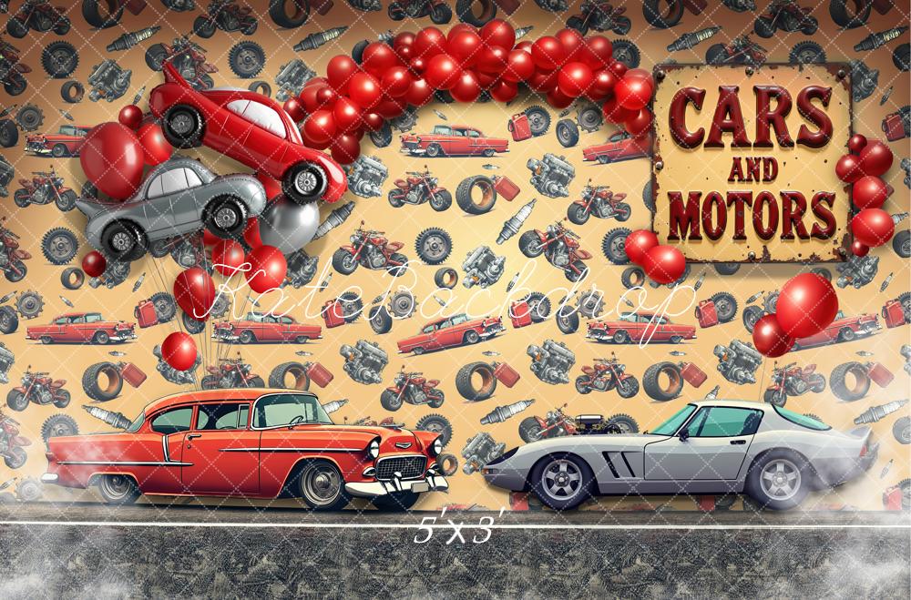 Kate Birthday Red Balloons Motors Vintage Car Motorcycle Printed Backdrop Designed by Laura Bybee