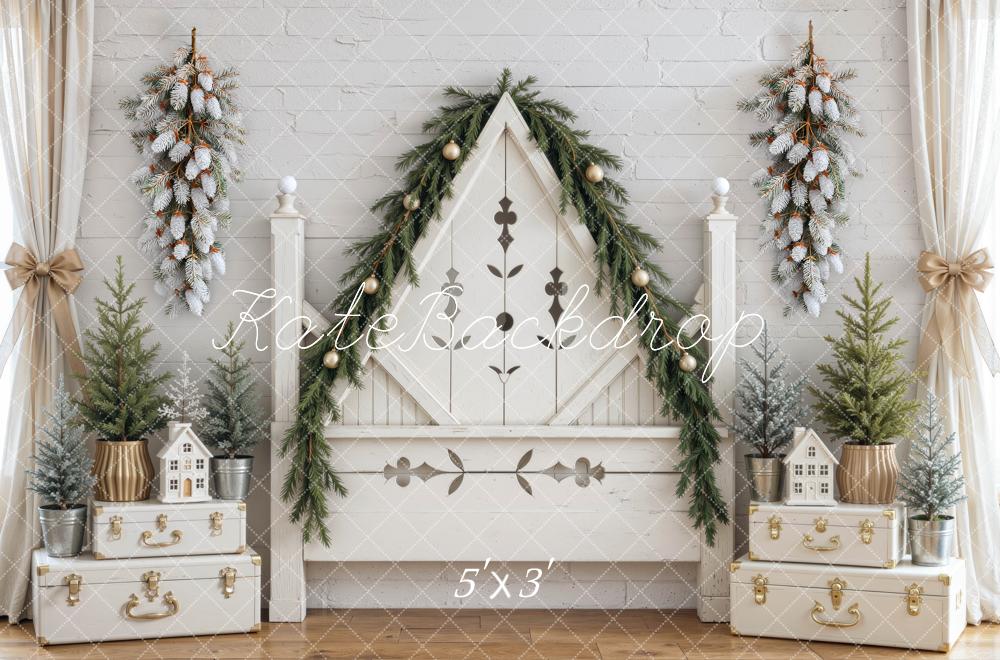 Kate Christmas Triangle Headboard Garland Frosted Trees Rustic White Printed Backdrop Designed by Mini MakeBelieve