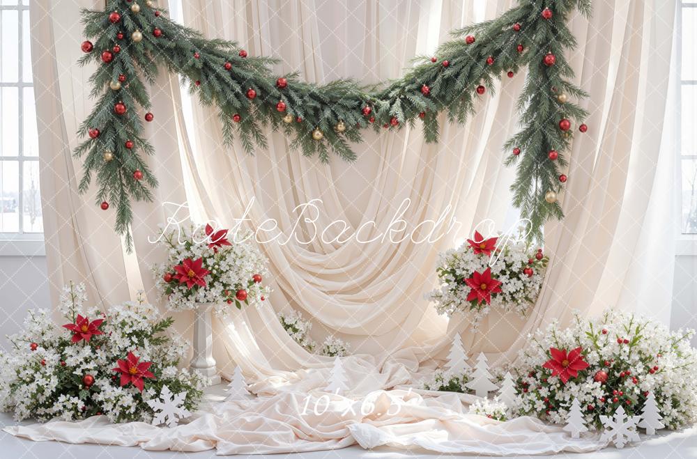 Kate Christmas White Drapes Pine Garland Poinsettia Flowers Printed Backdrop Designed by Mini MakeBelieve