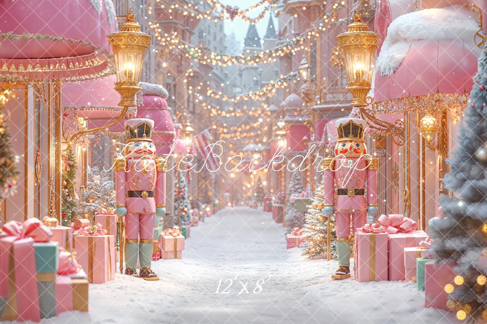 Kate Christmas Pink Nutcracker Snowy Street Shop Backdrop Designed by Emetselch