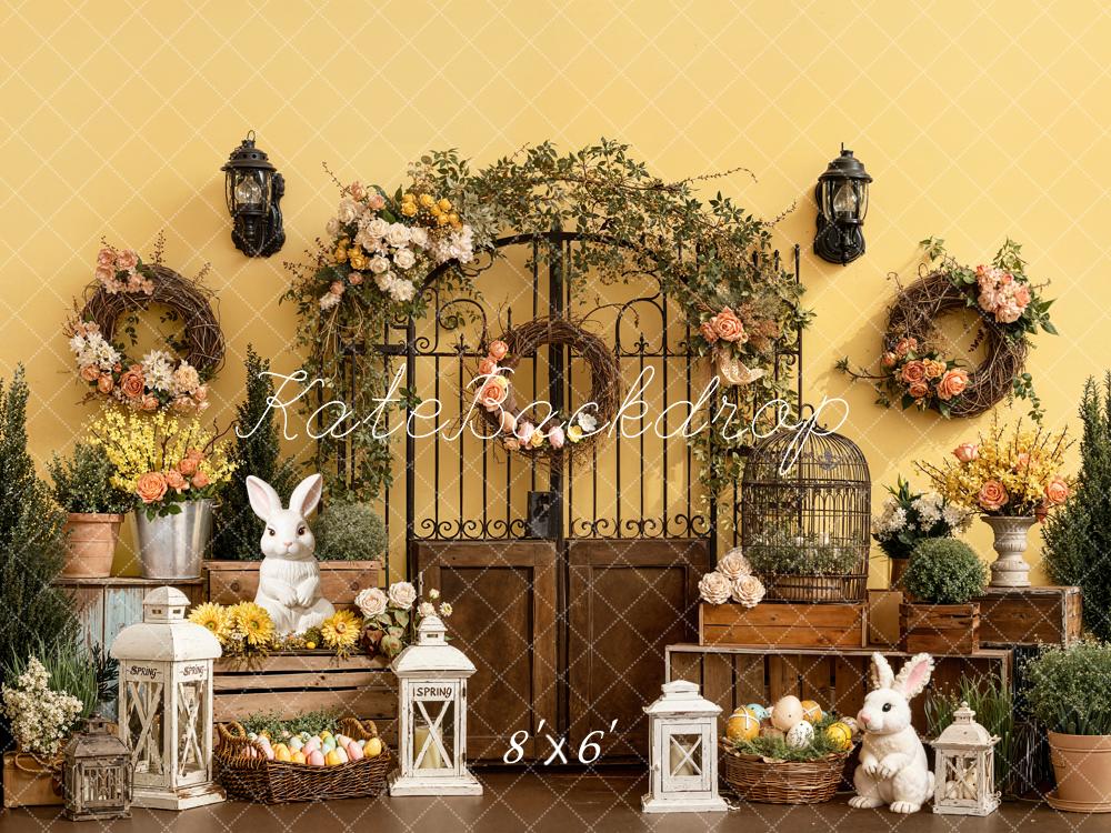 Kate Easter Bunny Floral Wreaths Garden Gate Yellow Wall Printed Backdrop Designed by Emetselch