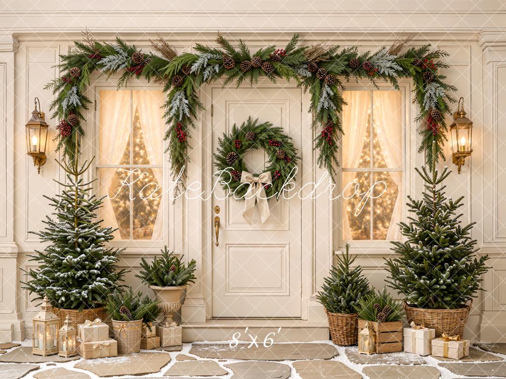 Kate Christmas White Doorway Wreath Garland Pine Trees Rustic Printed Backdrop Designed by Emetselch