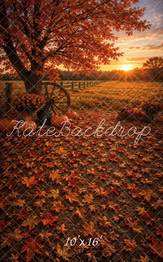 TEST Kate Sweep Fall Tree Maple Leaves Wagon Wheel Pumpkins Sunset Field Printed Backdrop Designed by Vertigo Productions