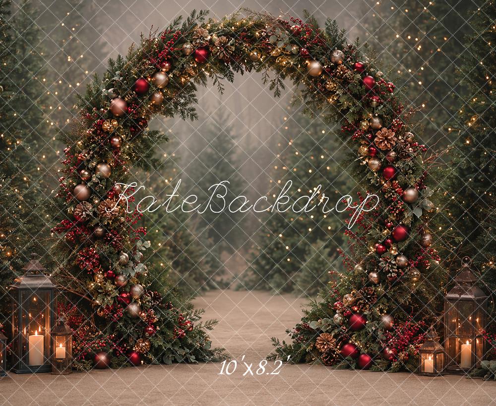 Kate Christmas Evergreen Garland Arch Forest Lanterns Candlelight Printed Backdrop Designed by Angela Miller
