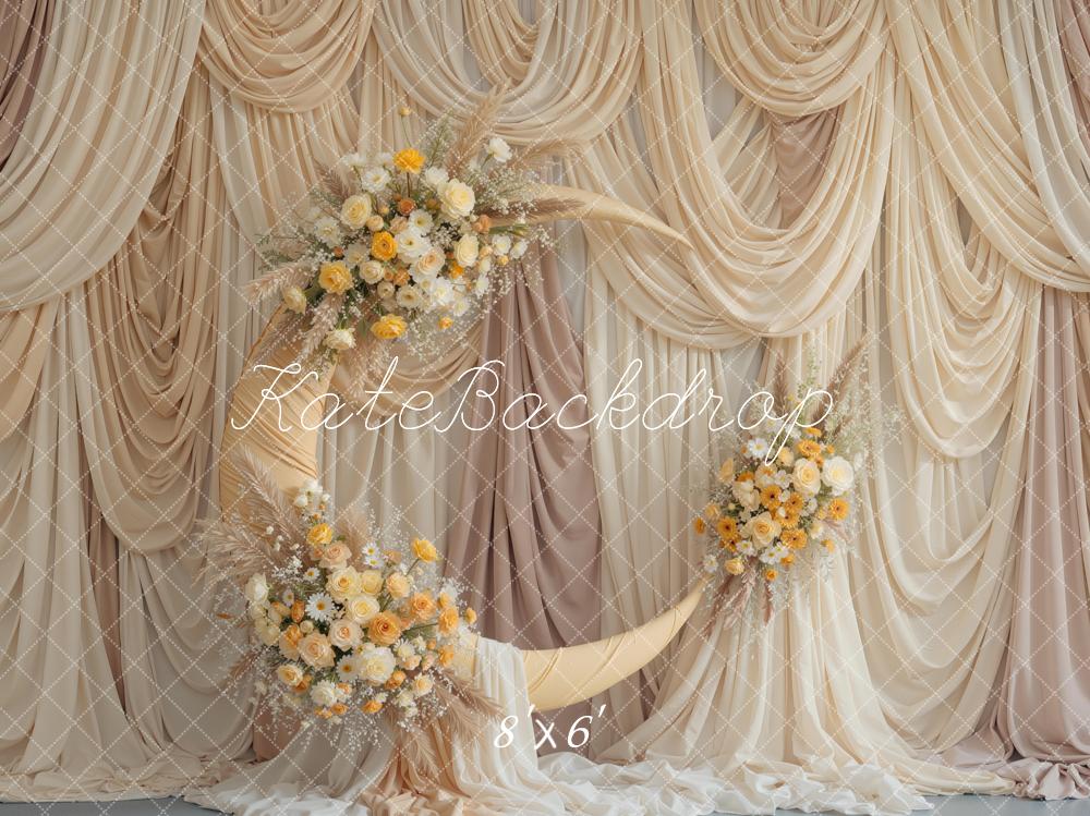Kate Beige Drapes Crescent Moon Flower Printed Backdrop Designed by Mini MakeBelieve