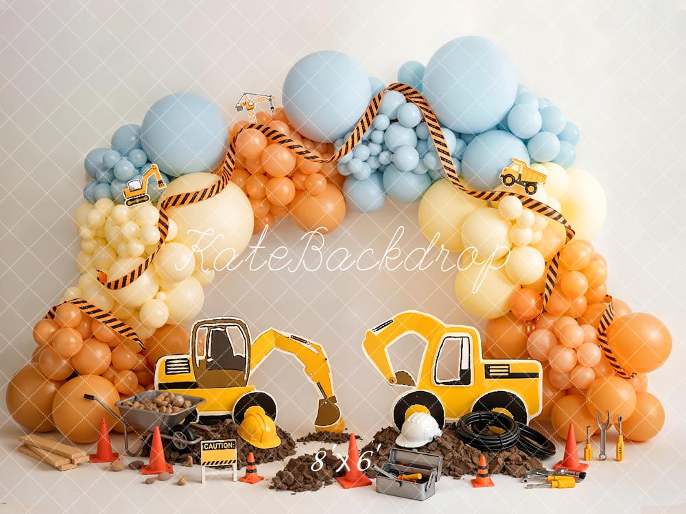 Kate Cake Smash Construction Trucks Balloon Arch Tools Printed Backdrop Designed by Emetselch