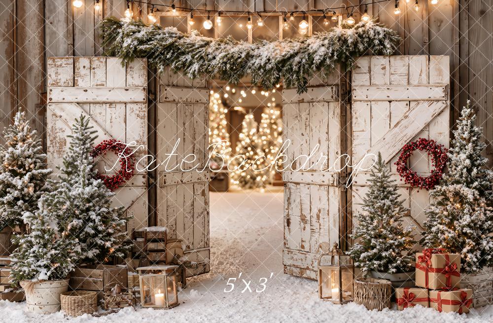 Kate Christmas Rustic Barn Doors Snowy Trees String Lights Printed Backdrop Designed by Emetselch
