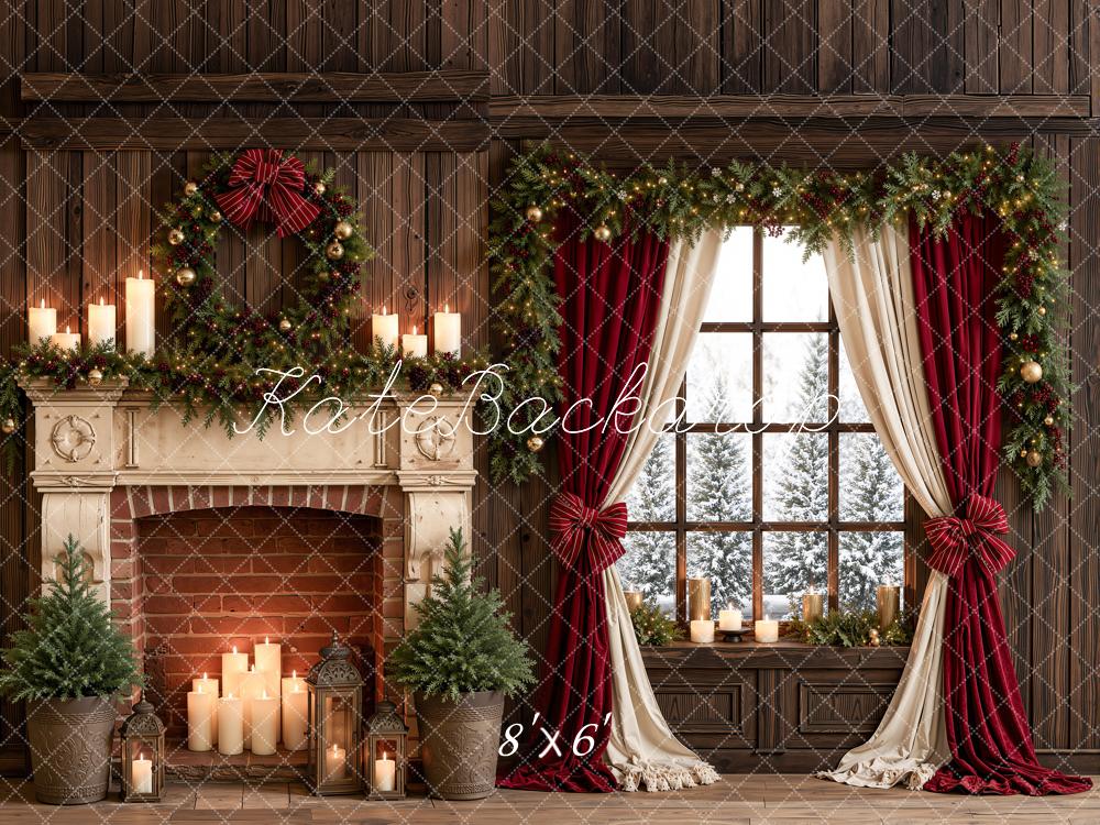 Kate Christmas Fireplace Candles Window Garland Red Curtains Printed Backdrop Designed by Emetselch