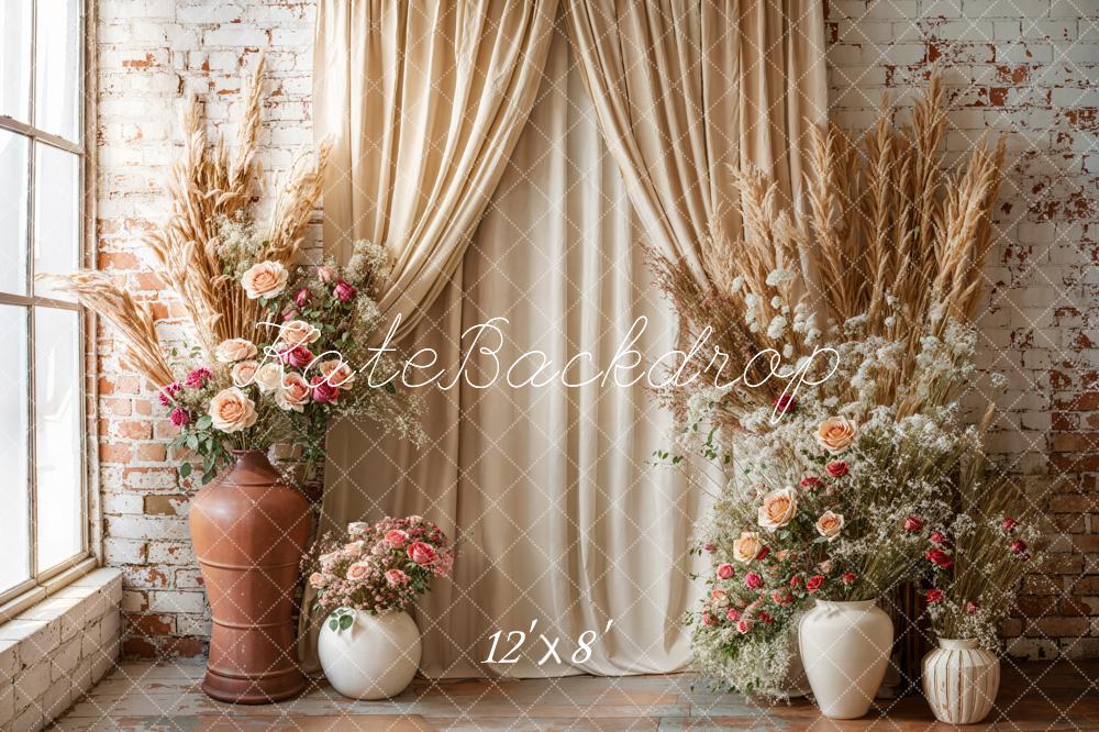 Kate Boho Floral Drapes Brick Wall Backdrop Designed by Emetselch