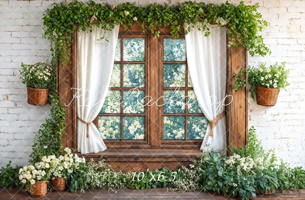 Kate Spring Rustic Wood Window White Brick Greenery Flowers Backdrop Designed by Emetselch