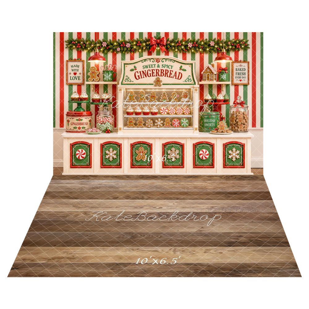Kate Christmas Gingerbread Bakery Candy Shop Striped Wall Printed Backdrop+Brown Wood Plank Floor Printed Backdrop