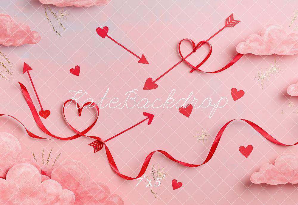 Kate Valentine's Day Pink Hearts Arrows Ribbon Clouds Printed Backdrop Designed by Angela Miller