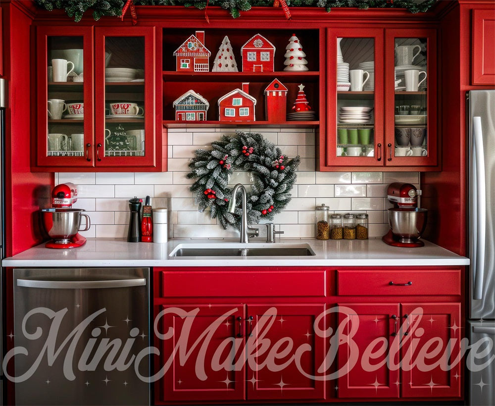 Kate Christmas Indoor Red Kitchen Backdrop Designed by Mini MakeBelieve