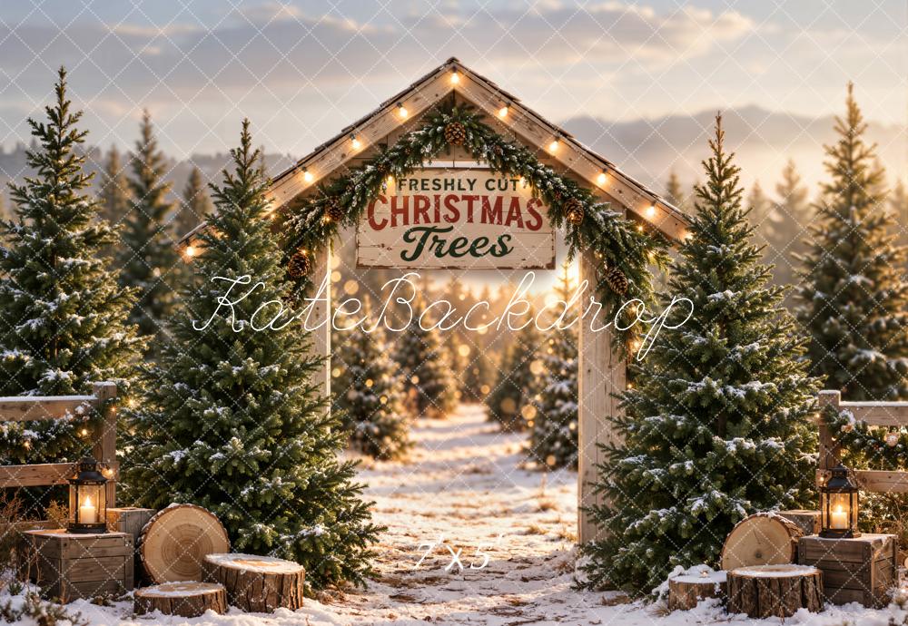 Lightning Deal Kate Christmas Snowy Tree Farm Arch Rustic Wood Printed Backdrop Designed by Emetselch