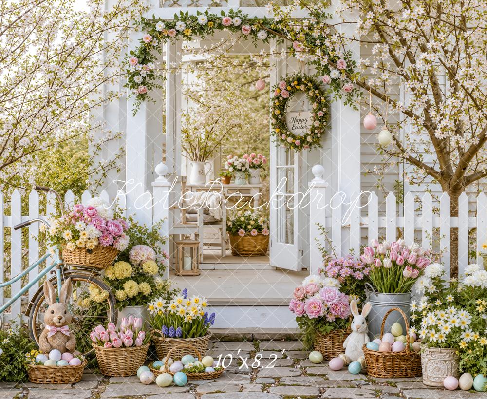 Kate Spring Easter Cherry Blossoms Garden Bunny Flower Porch Printed Backdrop Designed by Emetselch