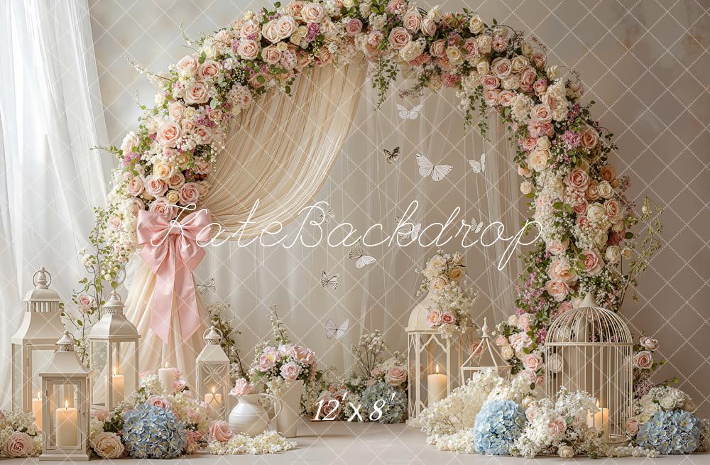 Kate Spring Flower Arch Butterflies Lanterns Birdcage Drapes Printed Backdrop Designed by Emetselch