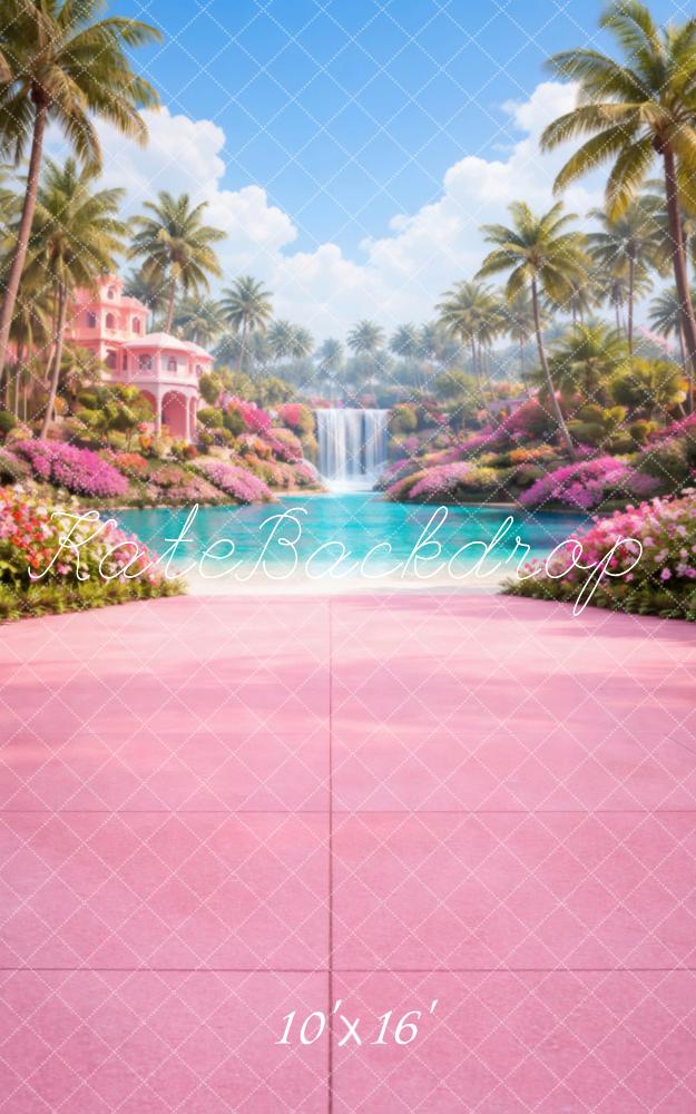 Kate Sweep Tropical Pink Mansion Garden Waterfall Pathway Printed Backdrop Designed by Vertigo Productions
