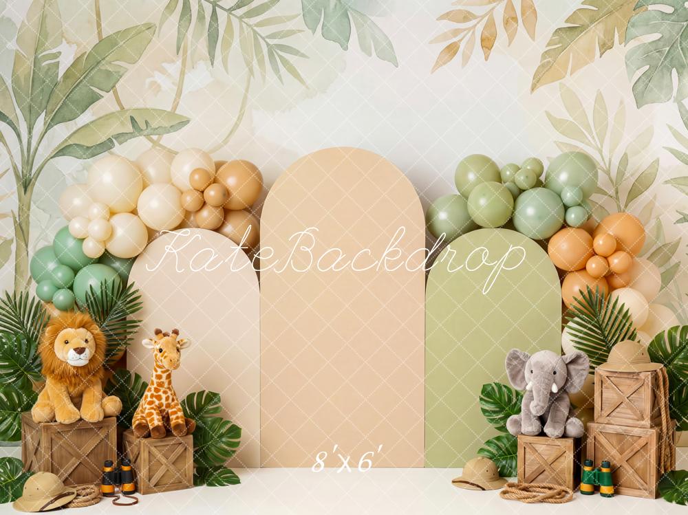 Kate Cake Smash Jungle Safari Animals Leaves Balloons Crates Printed Backdrop Designed by Patty Roberts