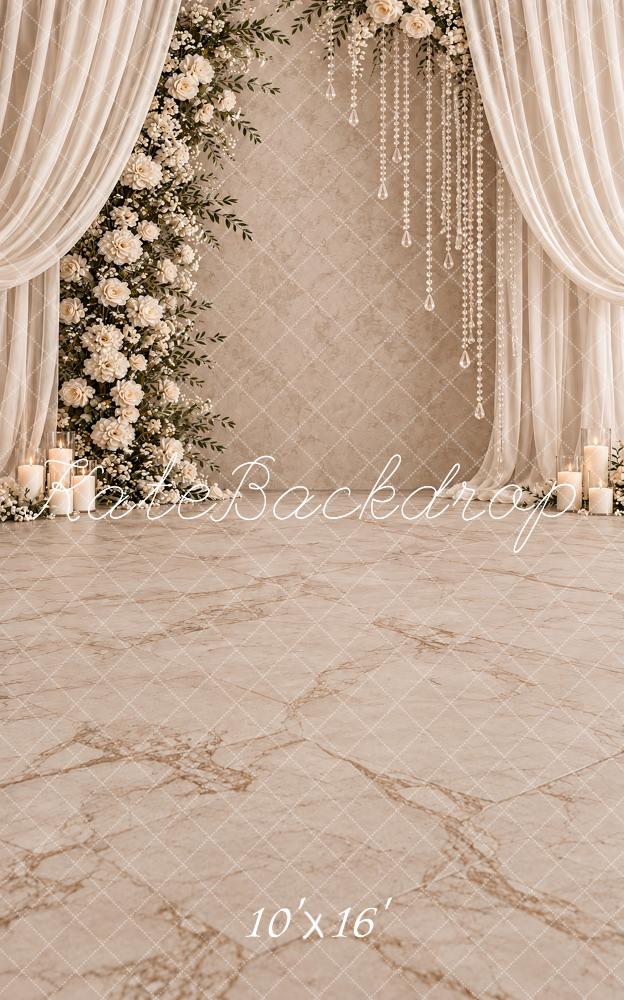 Kate Sweep Wedding Beige Floral Arch Crystal Drapes Printed Backdrop Designed by Vertigo Productions