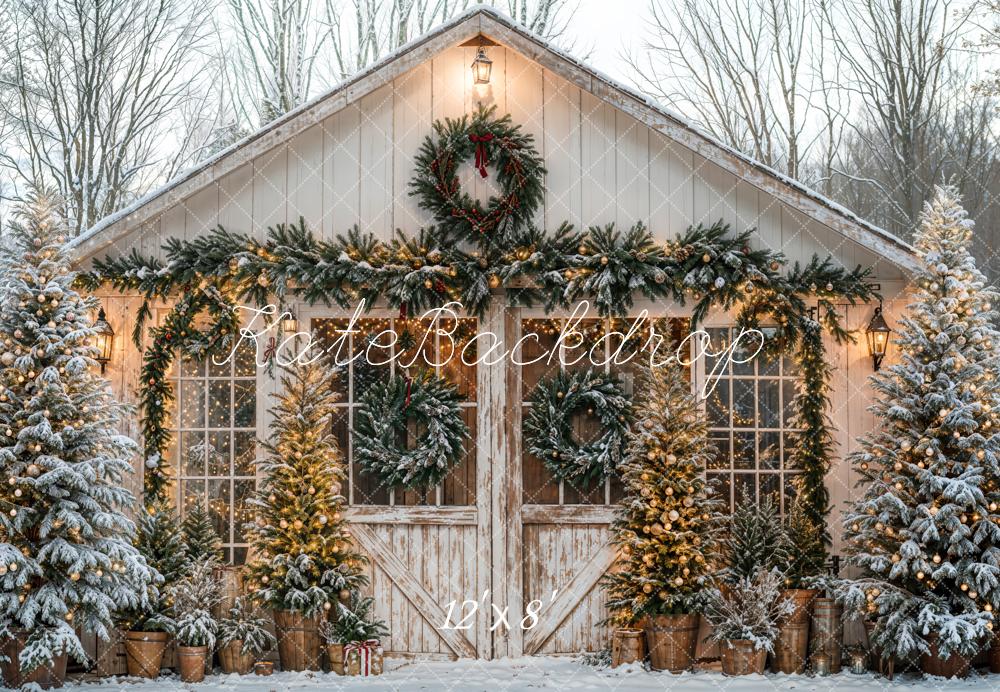Kerst Rustic Cabin Snowy Trees Foto Achtergrond Designed by Emetselch