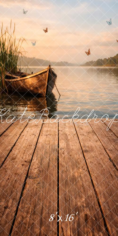 Kate Sweep Lakeside Dock Wooden Boat Butterflies Calm Water Printed Backdrop Designed by Vertigo Productions