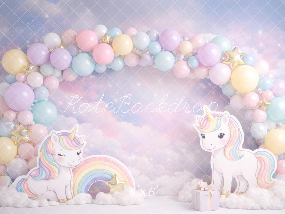 Kate Cake Smash Unicorn Rainbow Pastel Balloon Arch Clouds Backdrop Designed by Megan Leigh Photography
