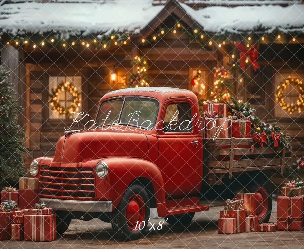 Kate Christmas Red Truck Snowy Cabin Gifts Backdrop Designed by Emetselch