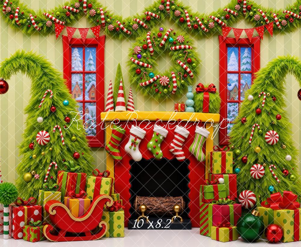 Kate Christmas Whimsical Fireplace Trees Presents Green Wall Printed Backdrop Designed by Mini MakeBelieve