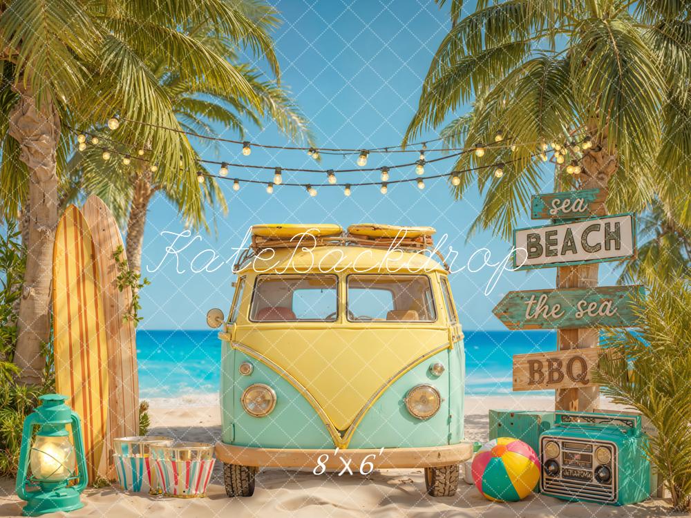 Kate Summer Beach Van Surfboard Palm Trees Printed Backdrop Designed by Emetselch