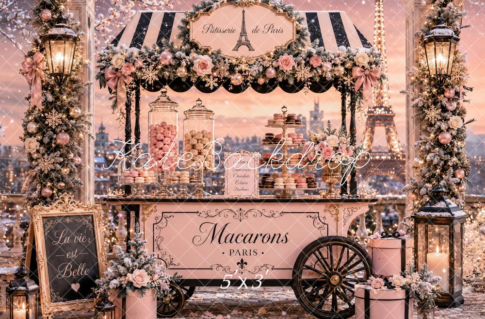 Kate Christmas Pink Paris Macaron Cart Lanterns Printed Backdrop Designed by Ashley Paul