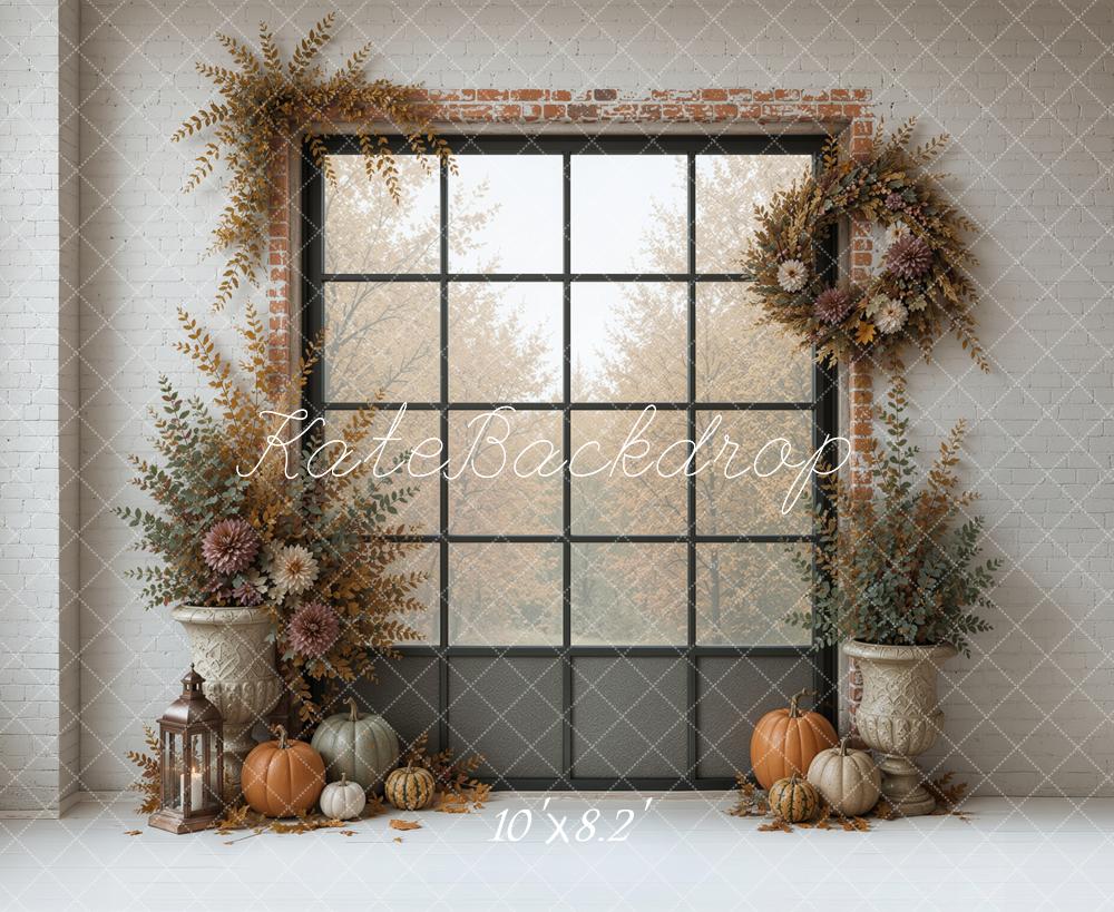 Kate Fall Cozy Window Dried Flowers Pumpkins Printed Backdrop Designed by Ashley Ward