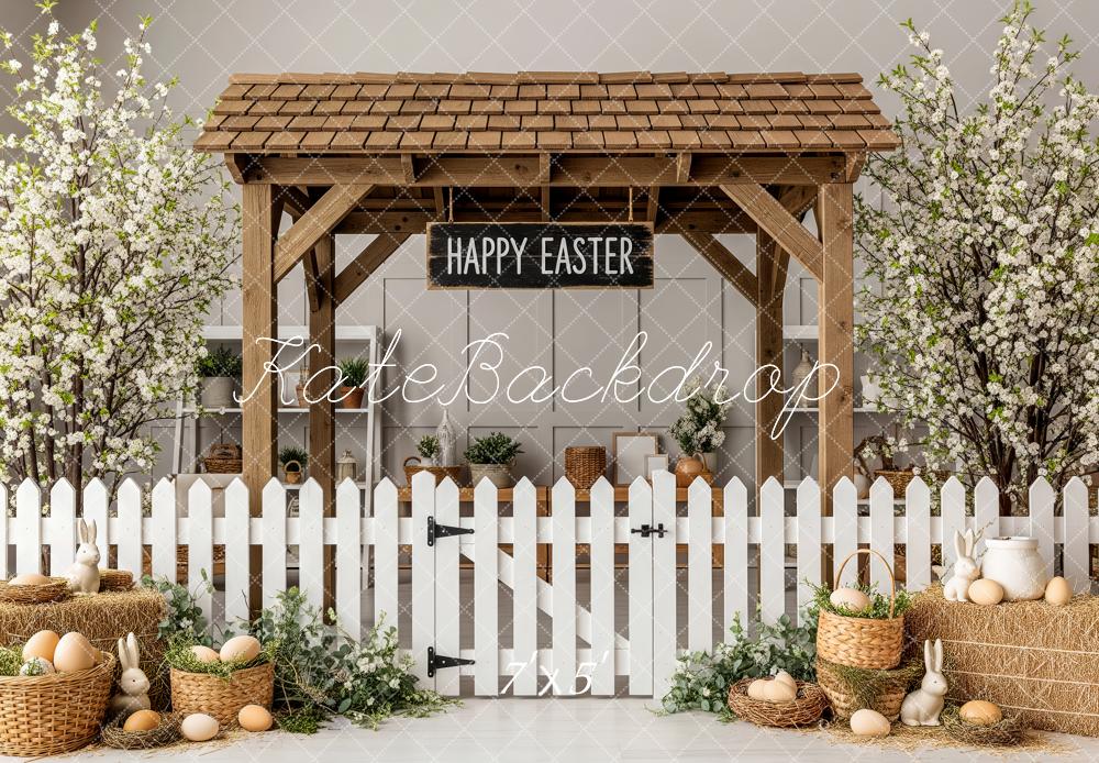 Kate Easter Garden Wooden Gazebo White Fence Eggs Baskets Blossoms Backdrop Designed by Patty Roberts