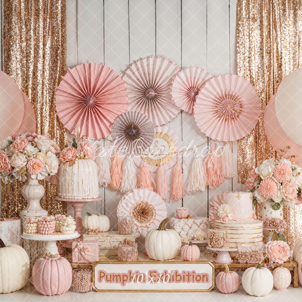 Kate Fall Birthday Pumpkin Pink Balloons Flowers Cakes Backdrop Designed by Emetselch