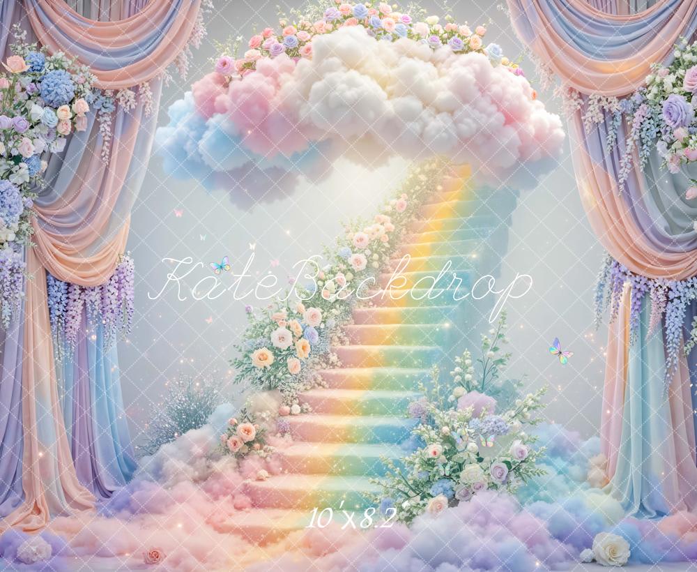 Kate Fairy Fantasy Rainbow Stairs Cloud Floral Arch Printed Backdrop Designed by Mini MakeBelieve