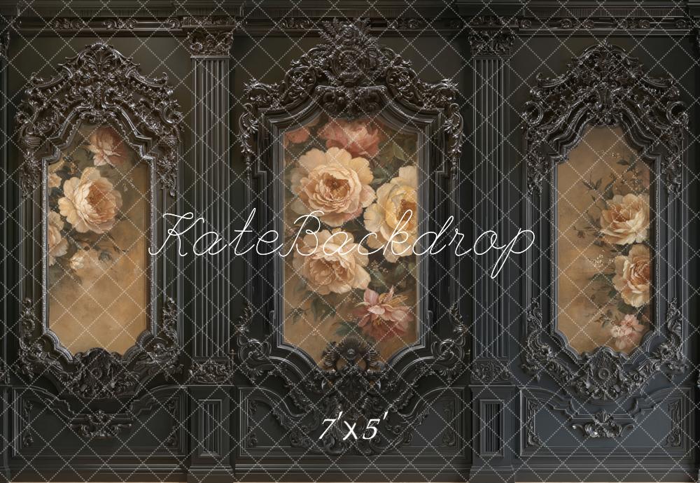 Kate Black Ornate Vintage Wall Floral Roses Printed Backdrop Designed by Emetselch