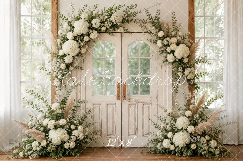 Kate Spring White Flower Arch Double Glass-paneled Doors Printed Backdrop Designed by Emetselch