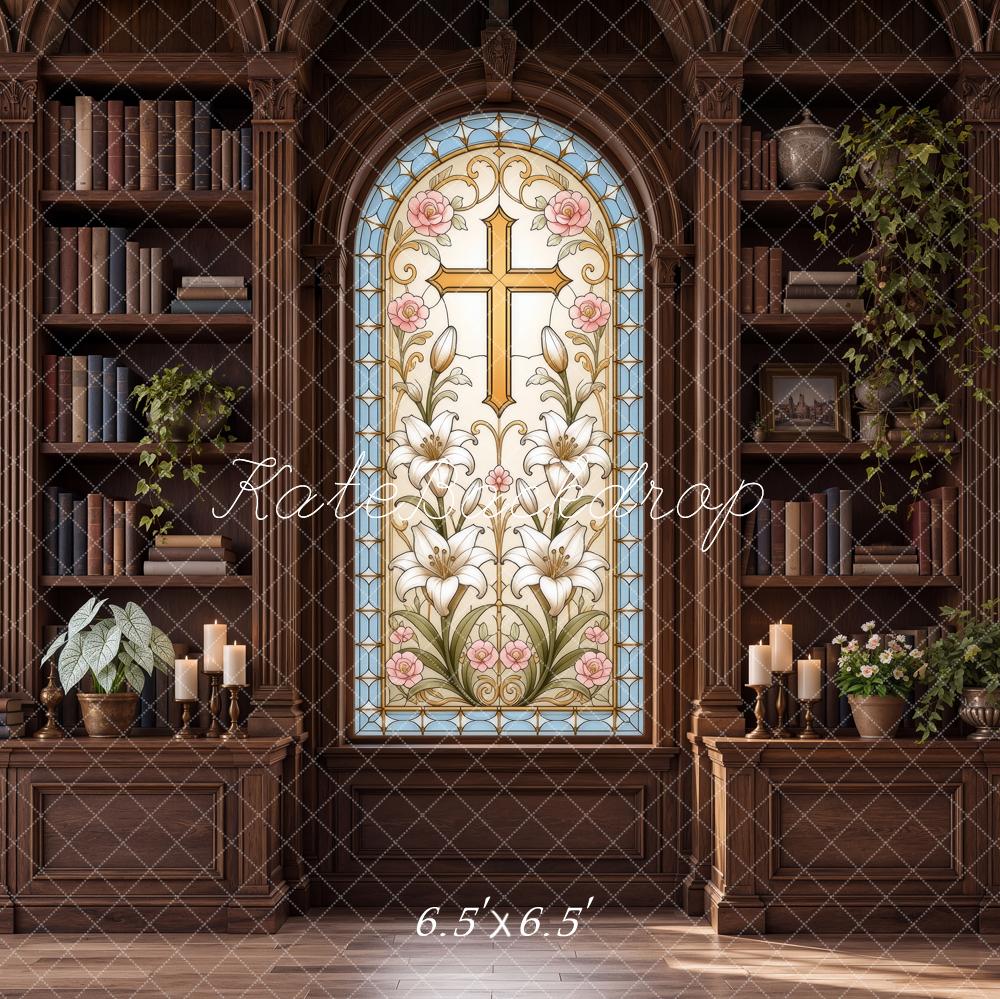 Kate Christian Ministry Stained Glass Cross Pastor Library Printed Backdrop Designed by Ashley Ward