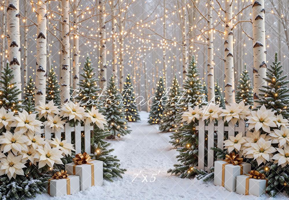 Kate Christmas Birch Forest Poinsettia Snow Presents Lights Printed Backdrop Designed by Mini MakeBelieve