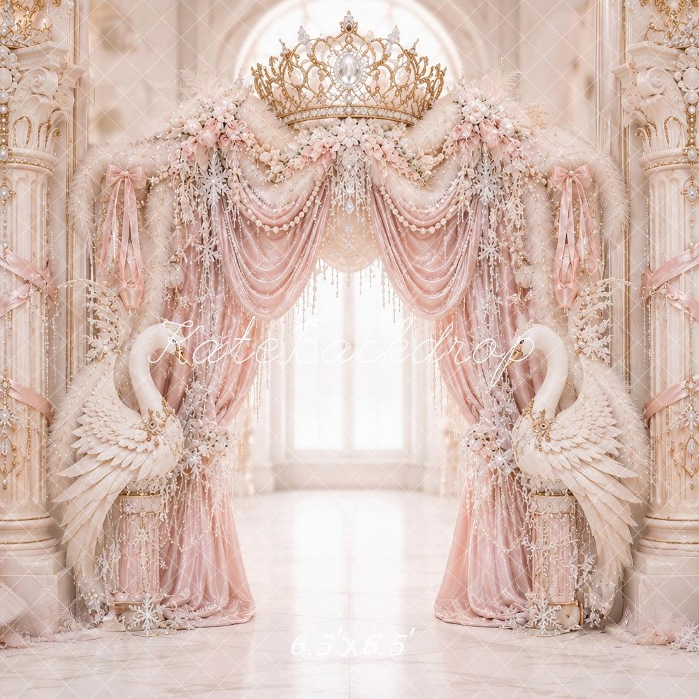 Kate Birthday Fantasy Luxury Pink Palace Swans Crown Drapes Printed Backdrop Designed by Ashley Paul