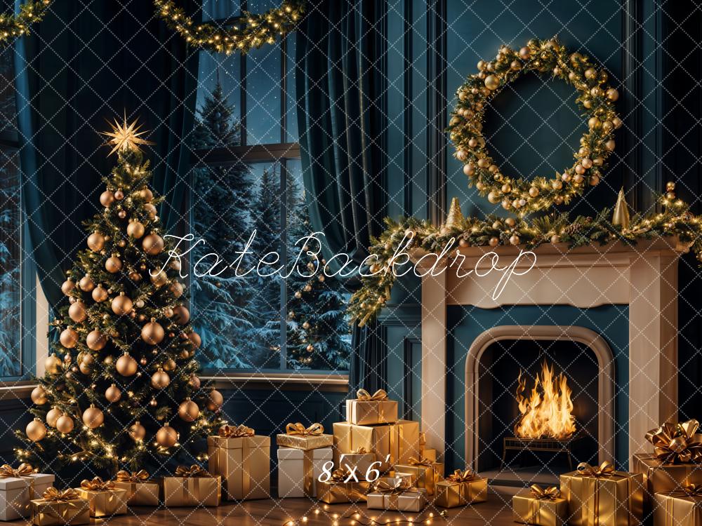 Kate Christmas Tree Night Fireplace Retro Backdrop Designed by Emetselch