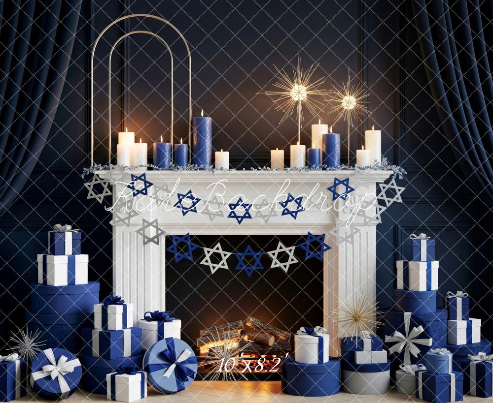 Kate Hanukkah Blue Fireplace Star of David Gift Boxes Backdrop Designed by Patty Roberts