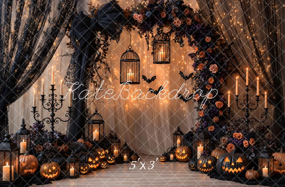 Kate Halloween Gothic Black Lace Curtains Bow Flower Arch Pumpkin Printed Backdrop Designed by Emetselch